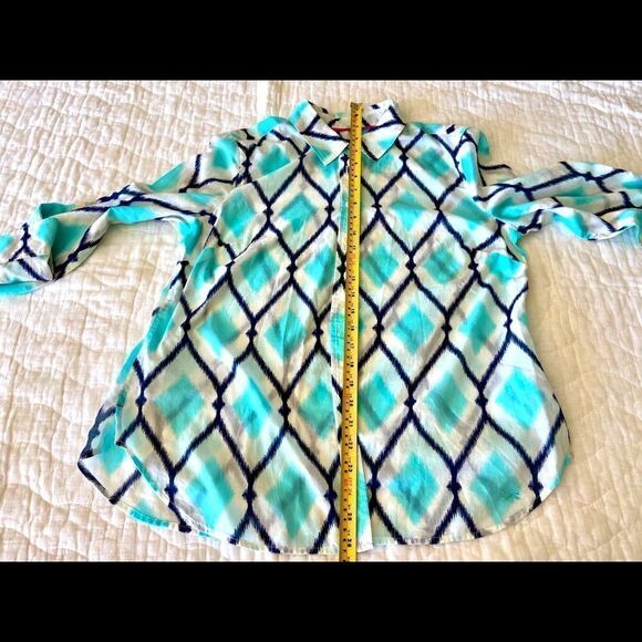 Talbots Aqua/Navy/White B/F Tab Sleeve Woman's Blouse Top Semi Sheer Sz MP - Picture 4 of 8